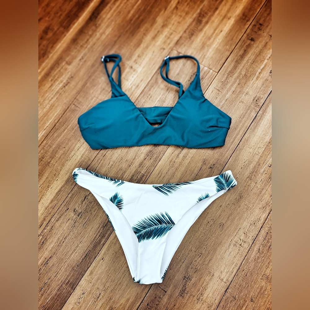 Zaful Teal and White Tropical Bikini